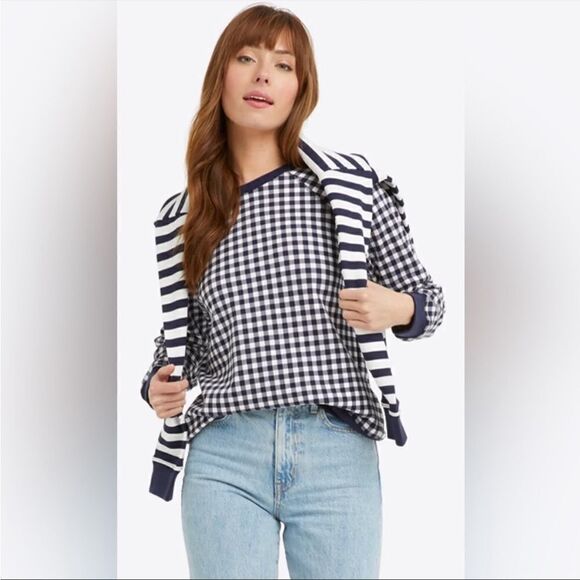 Draper James Natalie Navy Plaid Check Gingham Crew neck Pullover Sweatshirt - Picture 2 of 12